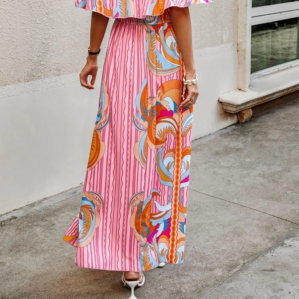 Contemporary Graphic Print Off Shoulder Split Thigh Dress - Picture 3 of 5
